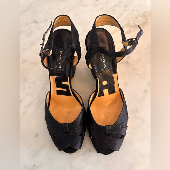 Sonia Rykiel Paris Black Satin Wedge Evening Heels 37.5 - Picture 1 of 7